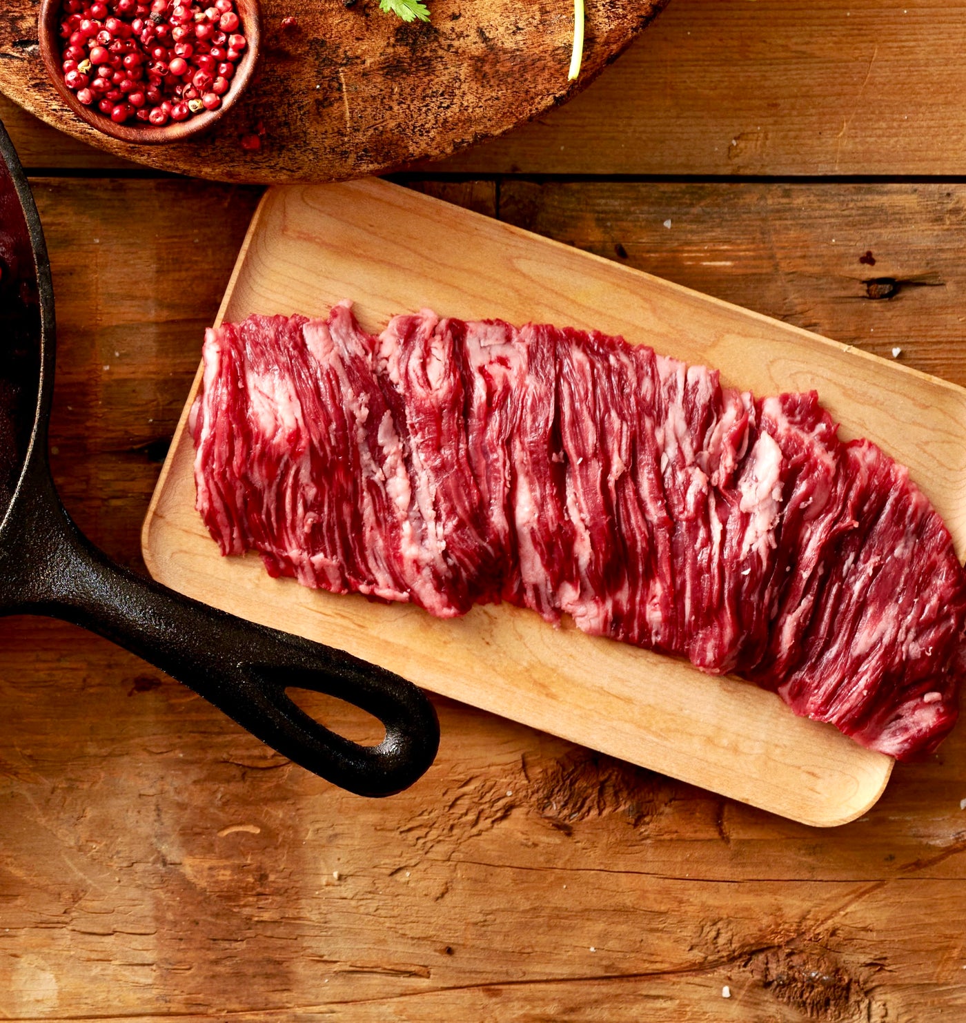 44 Farms usda choice outside skirt steak on wooden cutting board